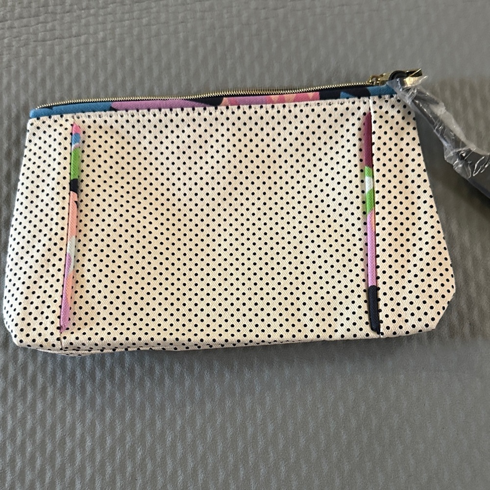 Estee Lauder White Polka Dot Cosmetic Pouch with Blue Zip and Multicolor Trim